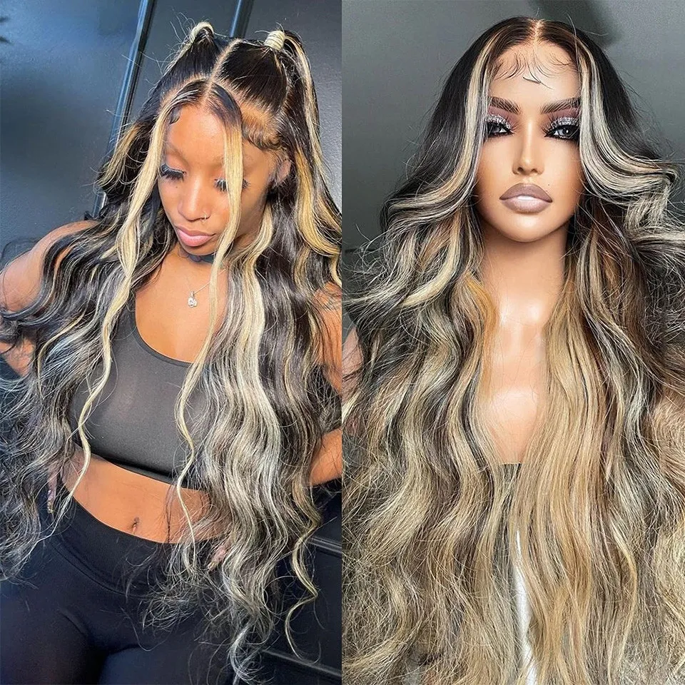 Ash Blonde Hoogtepunten 13x4 Lace Front Haren Haarpruik voor vrouwen Black Roots Ombre Body Wave Synthetische pruik vooraf geplukt