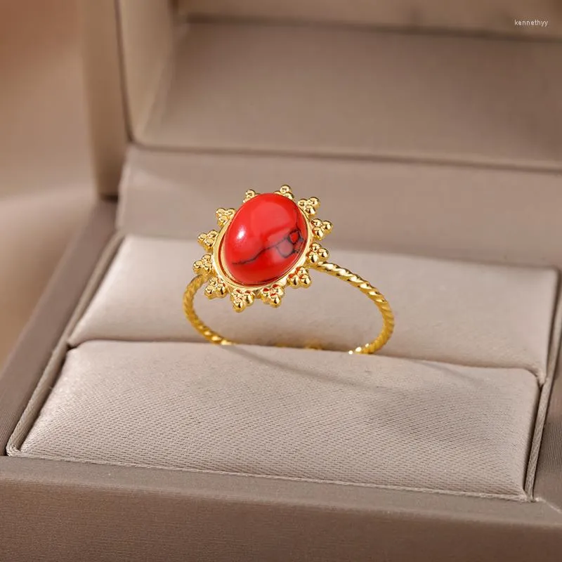 Eheringe Vintage Oval Roter Stein Für Frauen Offene Verstellbare Edelstahl Achate Fingerring Eleganter Geburtstag Schmuck Bijoux Femme