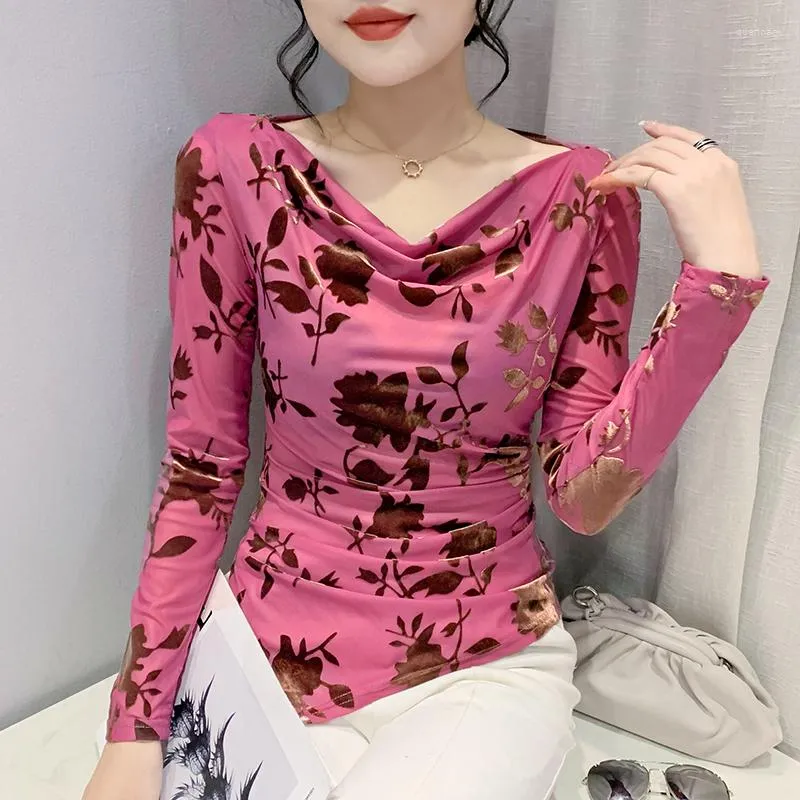 Women's T Shirts 2023 Spring And Autumn Irregular Elastic Slim Fitting Jacquard Top Fashion Print Long Sleeve Base T-shirt