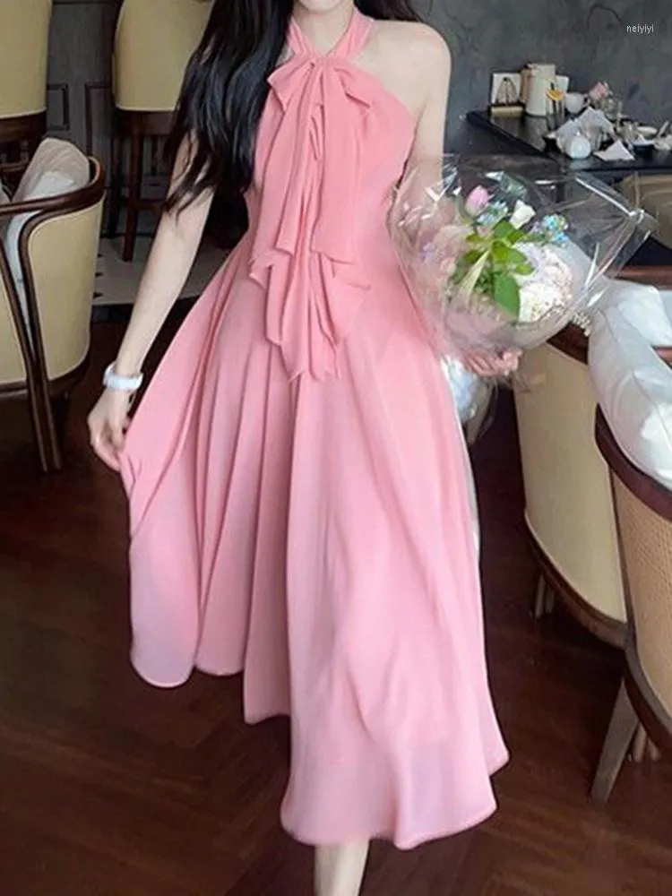 Casual jurken 2023 Product zoete elegante nek bowknot off schouderjurk vrouwen kledinglengte spaghetti-band