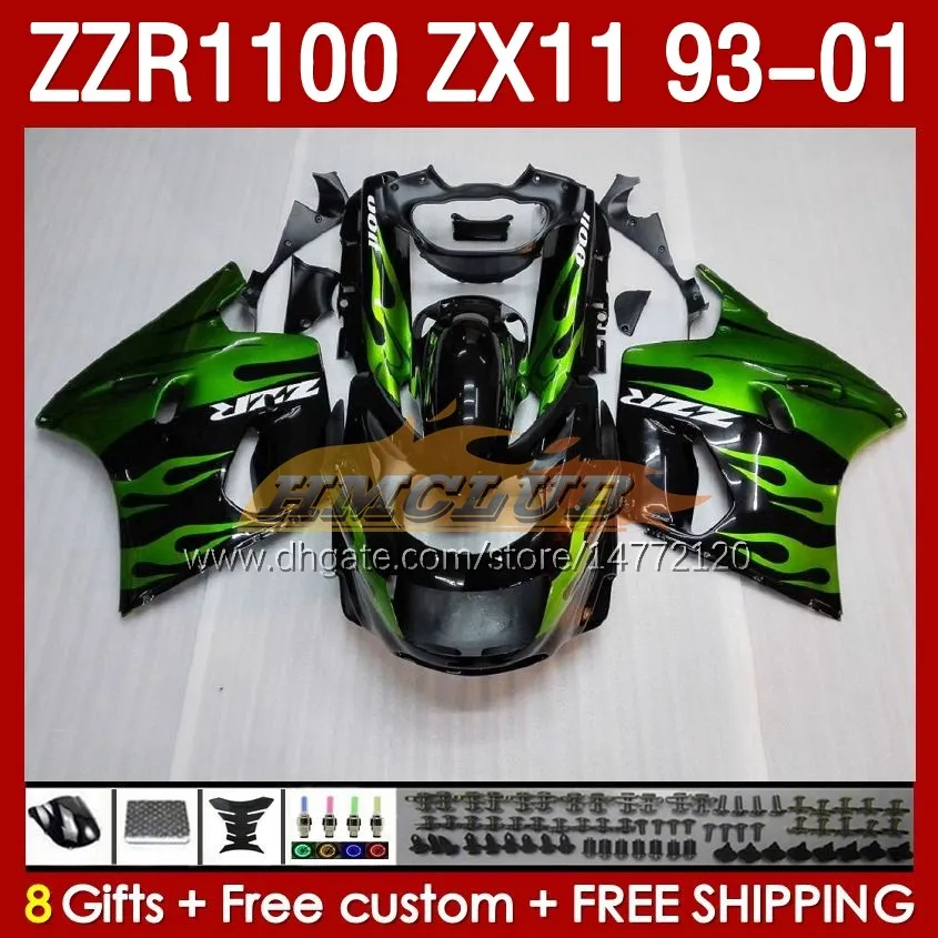 Corps Pour KAWASAKI NINJA ZX-11 R ZZR-1100 ZX-11R ZZR1100 ZX 11 R 11R ZX11 R 1993 1994 1995 2000 2001 165No.11 ZZR 1100 CC ZX11R 93 94 95 96 97 98 99 00 01 Kit de carénage flammes vertes