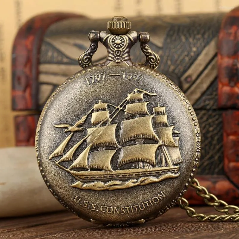 Pocket Watches Vintage Bronze Canvas Boat Quartz Necklace Watch With White Dial and Chain for Men Women