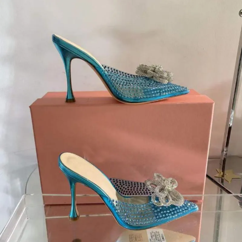 Pantoufles MachMach scintillantes avec cristaux ornés de fleurs mules de 10 cm chaussures de soirée strass talons aiguilles femmes à talons chaussures d'usine de créateurs de luxe