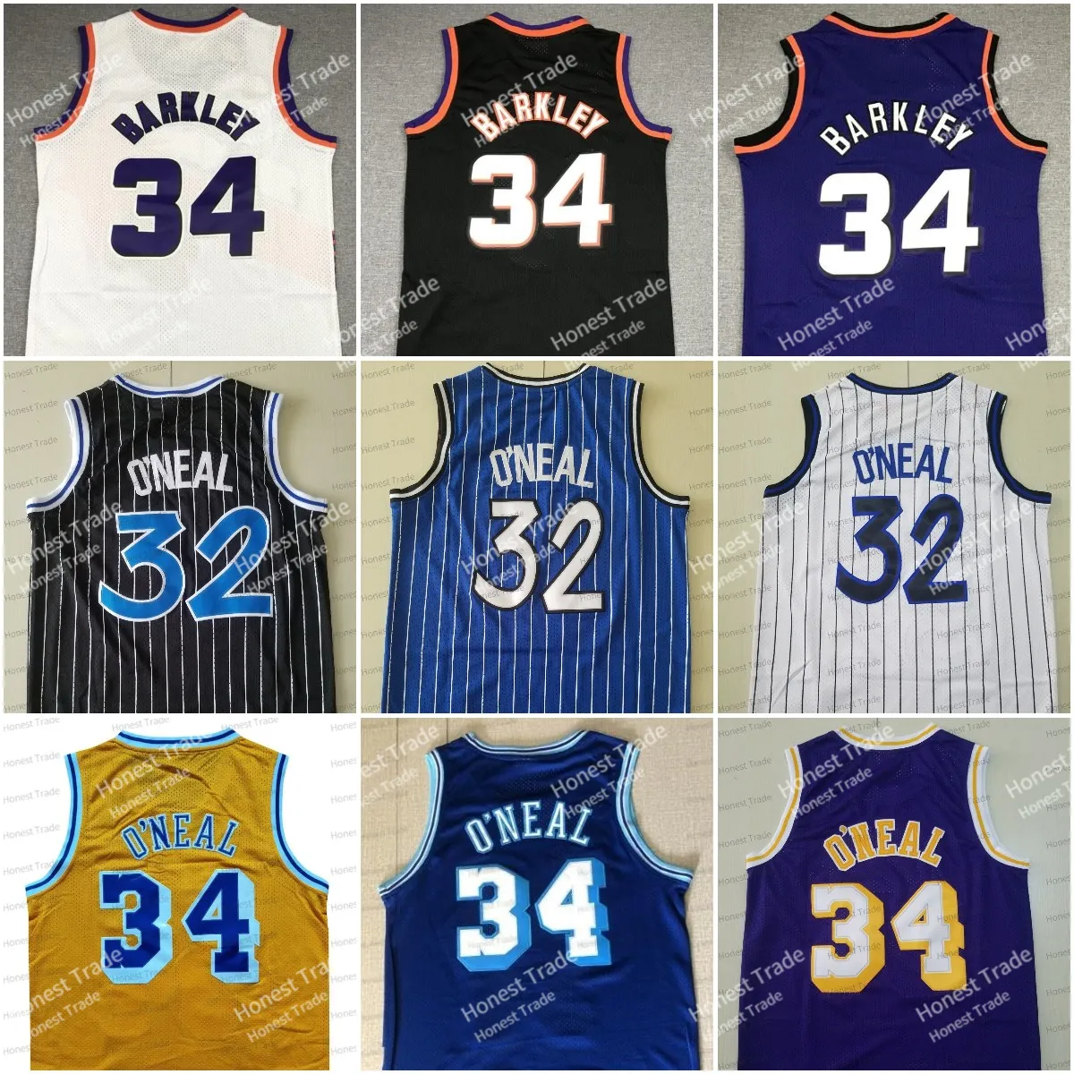 Retro Shaq 34 Charles Barkley Basketbol Forması Beyaz Shaquille Mor Mavi Beyaz Erkek Gerileme Dikişli Erkek Formaları