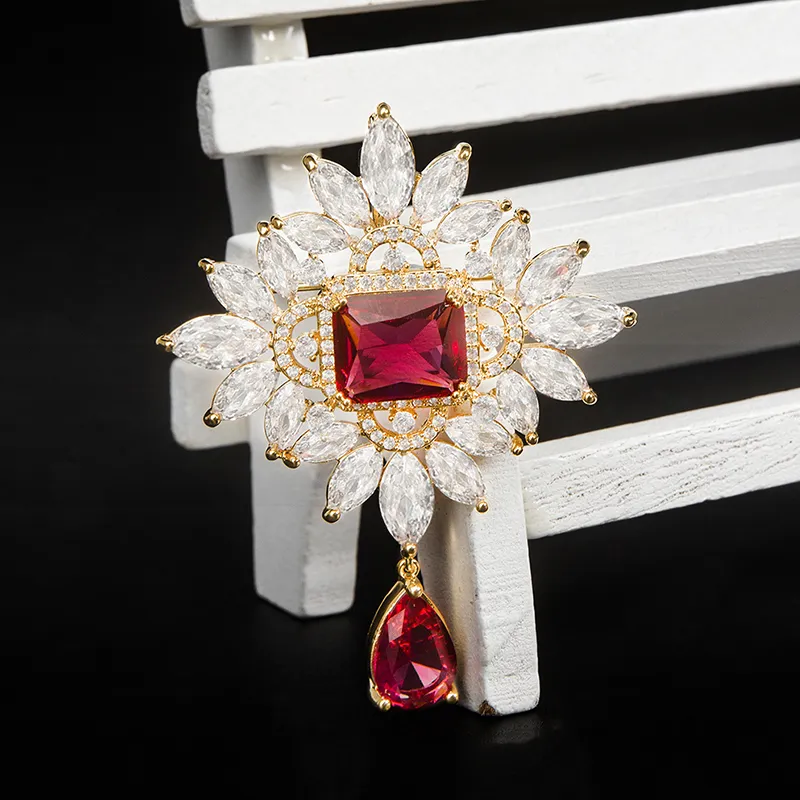 Vintage Red Crystal Water Drop -broches For Women Luxury Broches Dames broche pin strass accessoires vrouwelijk sieraden cadeau