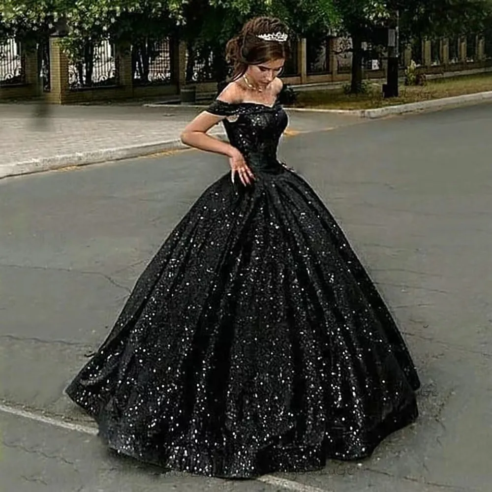 Vestidos de baile de festas preto de Dubai Sparkling Sparkling 2023 vestidos noturnos do vestido de noite fora do ombro, vestido formal para mulheres de tamanho grande