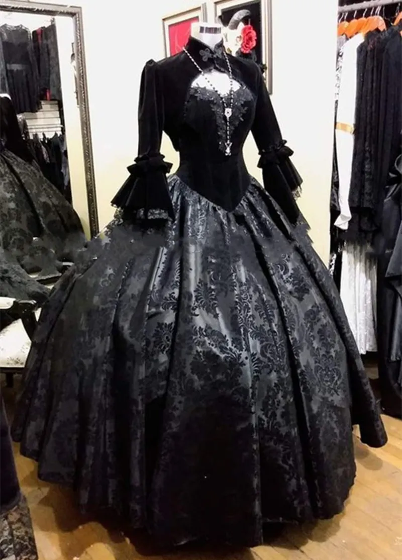 Vestido de noiva gótico vitoriano preto vintage com jaqueta de mangas compridas no pescoço alto piso comprimento de veludo vestido de noiva 2023 vestidos de noiva retro vestido de novia