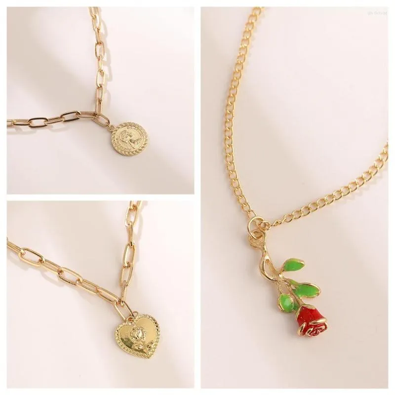 Anhänger Halsketten Verkauf Mode Münze Herz Neckalce Gold Farbe Liebe Rose Blumen Für Frauen Choker Trend Party Geschenk Schmuck