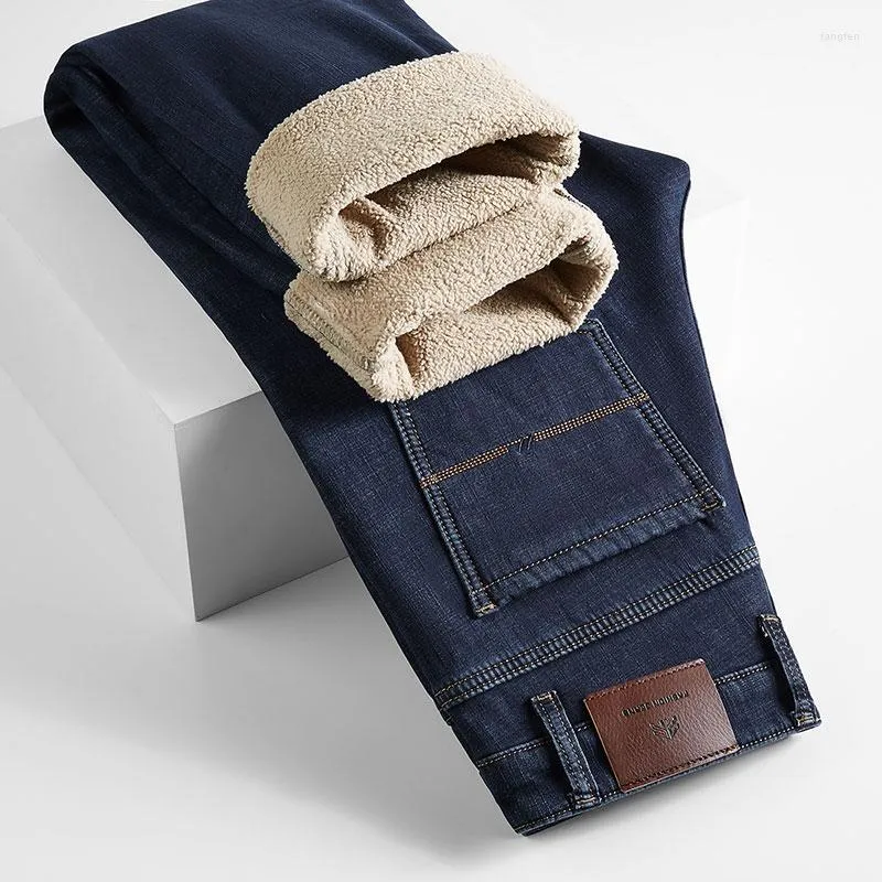 Мужские джинсы Зимние мужские флисовые флисовые теплые бизнес-бизнес классический стиль мода с утолщением для джинсовых штанов с прямой ногой мужской бренд одежда