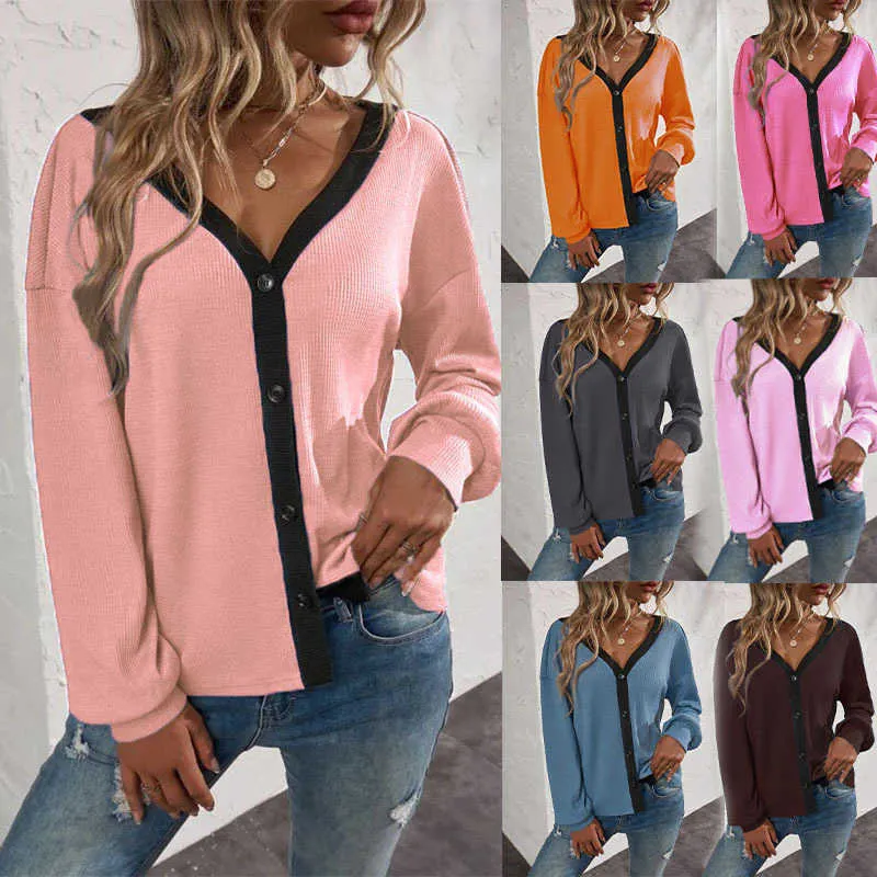 T-shirt femme 2022 automne et hiver nouveaux hauts pour femmes mode sexy couleur unie à manches longues cardigan t-shirt bouton col en V décontracté chemisier ample T230104