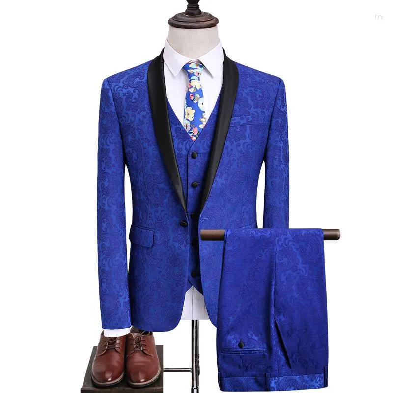 Men's Suits Blue Men Suit Korean Version Slim Three Piece Business Casual Performance Wedding Dress Flower