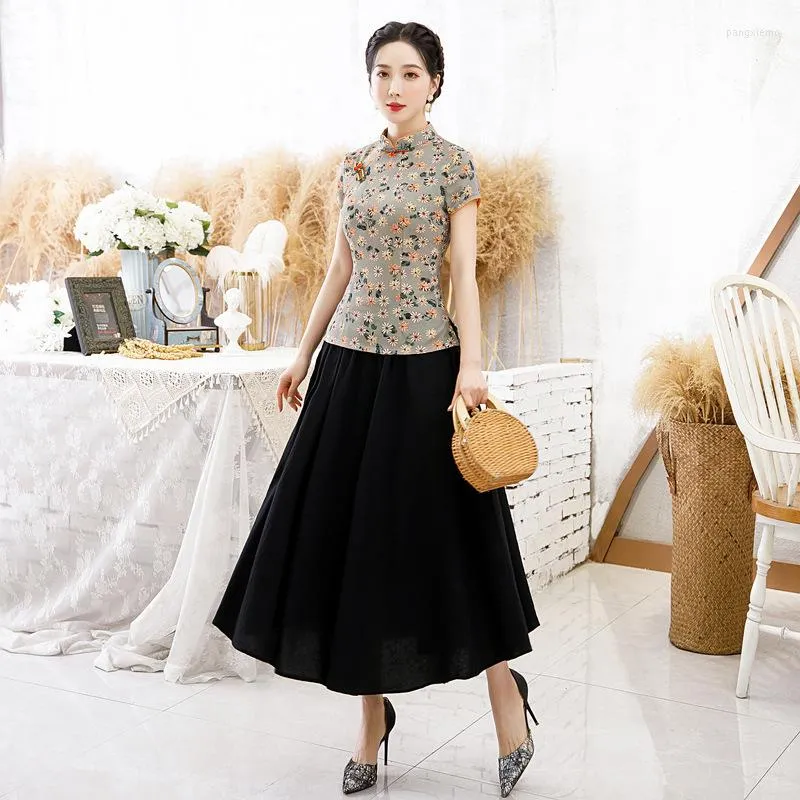 Ethnic Clothing Women Short Sleeve Chinese Lady Cotton Print Performance Vintage Button Summer Female Traditional Cheongsam Top