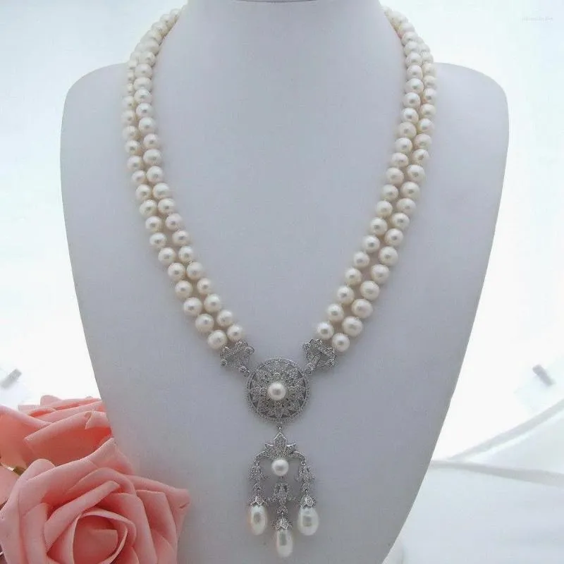 Halsketten mit Anhänger, handgeknüpft, 2 Stränge, 7–8 mm, weiße Süßwasserperlen-Halskette, Micro-Inlay-Zirkon-Zubehör, lang, 58–61 cm
