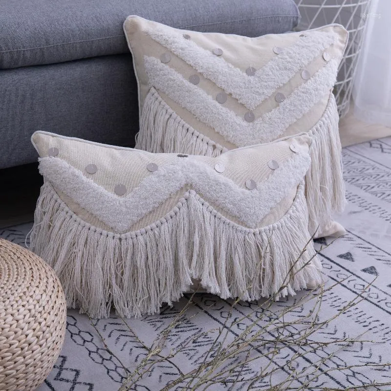 Oreiller bohème boucle beige en velours couvercle paillette frangée décorative tai-oreiller canapé chaise de casse lombaire décor