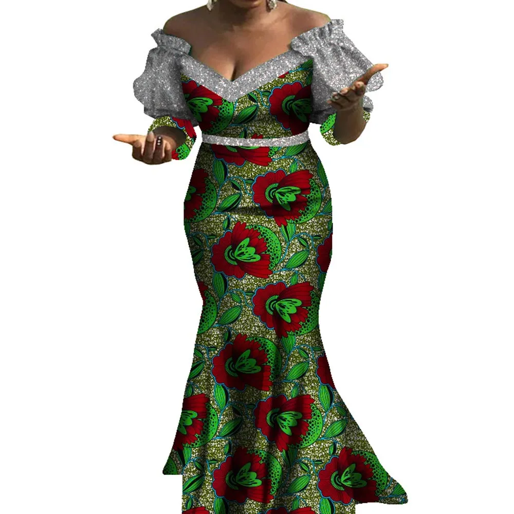 Robes africaines pour femmes Bazin Riche Style Femme vêtements africains gracieuse dame impression cire grande taille fête robe de sirène WY8103