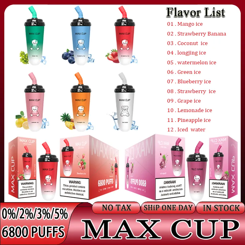 Cigarette électronique MAX Cup MAX 6800 Puffs 0/2/3/5% 16 ml Puff 6800 Kit de démarrage de vape jetable Rechargeable 850mAh Batterie Milk Thé Vape Coke Jar 12 FLAVORS