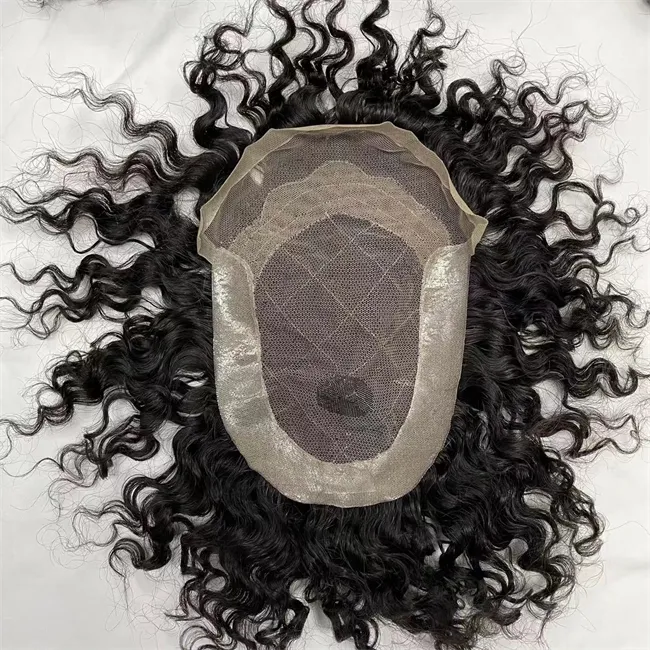 12mm våg #1b brasiliansk jungfrulig mänsklig hårstycke 7x9 oktosa spetsar med pu toupee för svarta män