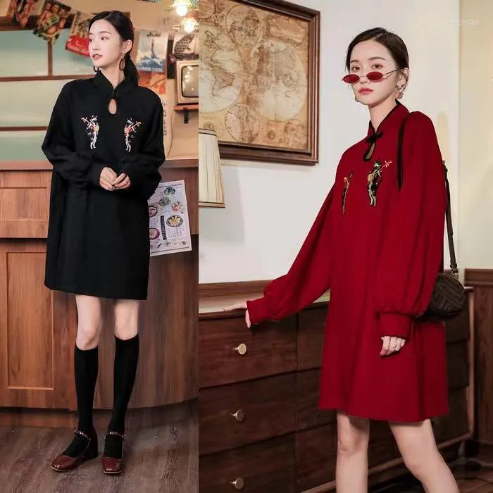 Ethnic Clothing Loose Autumn And Winter Women's Retro Chinese Dress Fat MM Cheongsam Sweatshirt Pullover Traditional Black Red Top