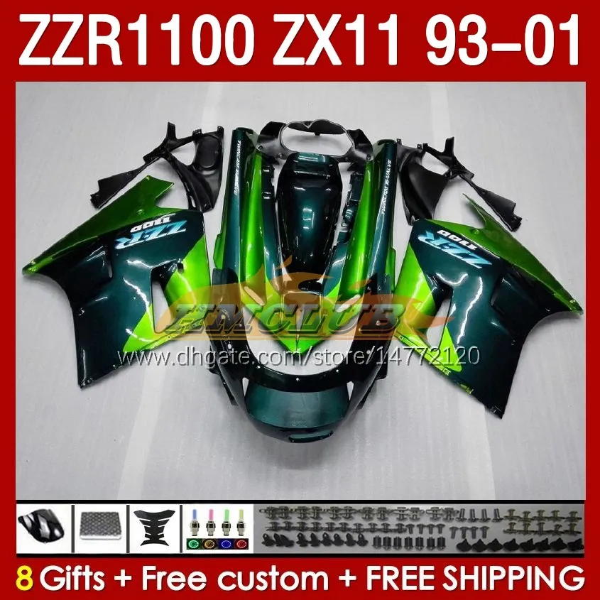 Kropp för Kawasaki Ninja ZX-11 R ZZR-1100 ZX-11R ZZR1100 ZX 11 R 11R ZX11 R 1993 1994 1995 2000 2001 165NO.13 ZZR 1100 CC ZX11R 93 94 95 96 97 98 99 001 Fairing Kit New Green New Green
