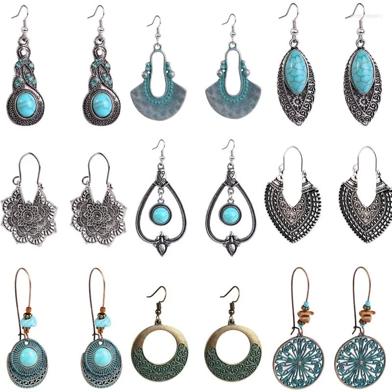 Boucles d'oreilles pendantes 9 paires pour femmes, bijoux Boho, Turquoise, Style chinois traditionnel tibétain