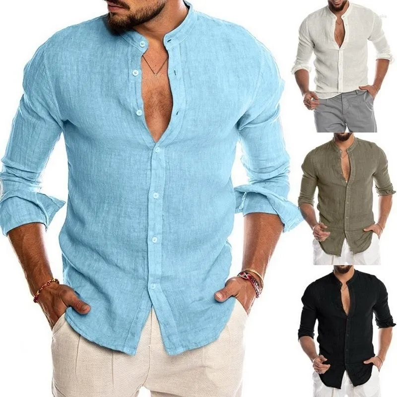 Men's Casual Shirts 2023 Spring Summer Men's Breathable Cotton Linen Long Sleeve Solid Colors Turn-down Collar Button Loose Blouse