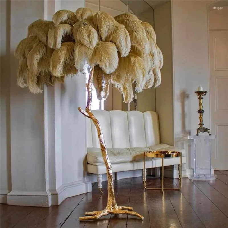 Lampadari Lampada da terra di lusso con piume Rame di un albero in resina/rame Decorazioni per la casa Lampada da soggiorno in piedi Camera da letto moderna Lustro