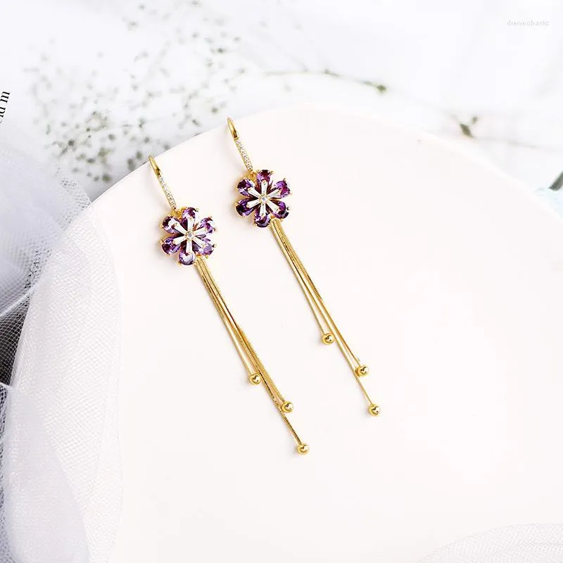 Dangle Earrings Uer Delicate White Purple Pink Zircon Flower Drop For Women Gold Color Brass Long Tassel Fashion Jewelry