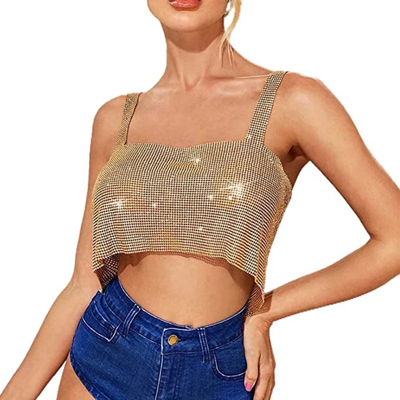 Sexy Crop Tanks Tops Gold Sparkly Sequin Tube Top Glitter Camis Sans Manches Spaghetti Strap Débardeur pour Femme