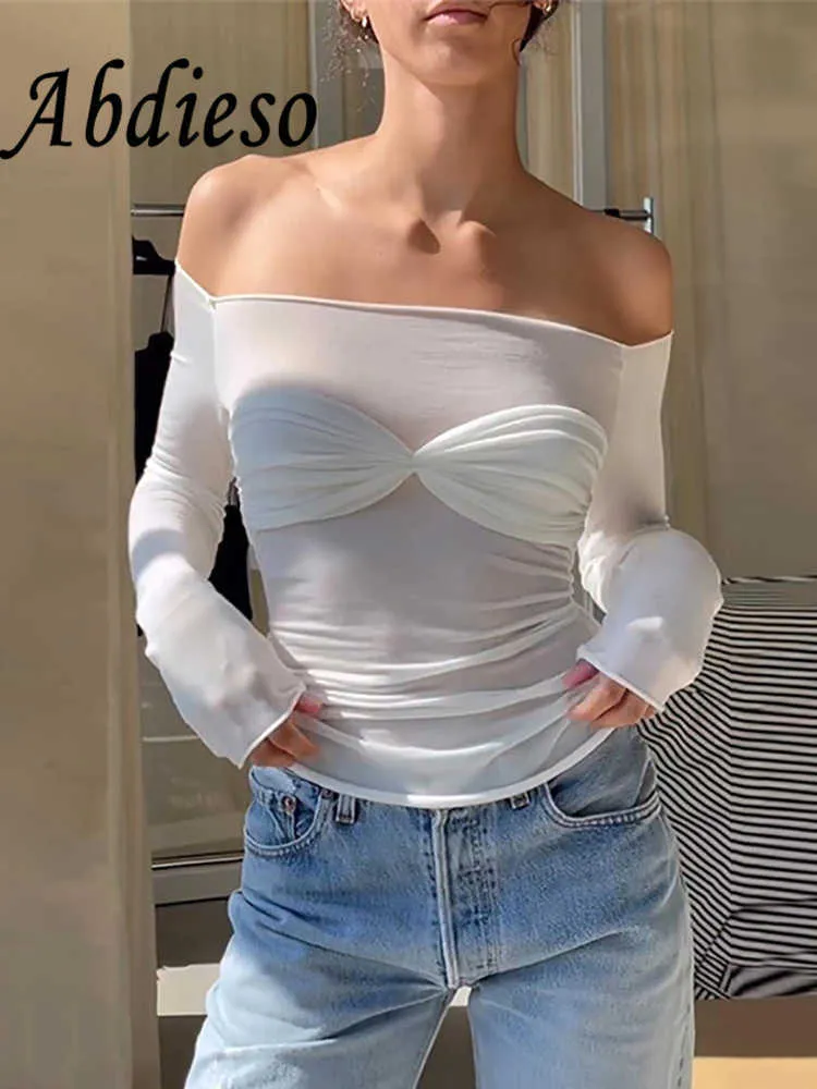 Women's T-Shirt Abdieso Y2K Ruched Sexy White Long Sleeve T Shirts Women Crop Top Streetwear 2022 Off Shoulder Black Autumn Skinny Basic Tees T230104