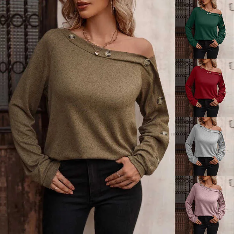 Dames T-shirt Herfst en winter Nieuwe damesmode Knoop Off-the-shoulder Tops met lange mouwen voor dames Casual Effen Sexy Slash Neck T-shirt T230104