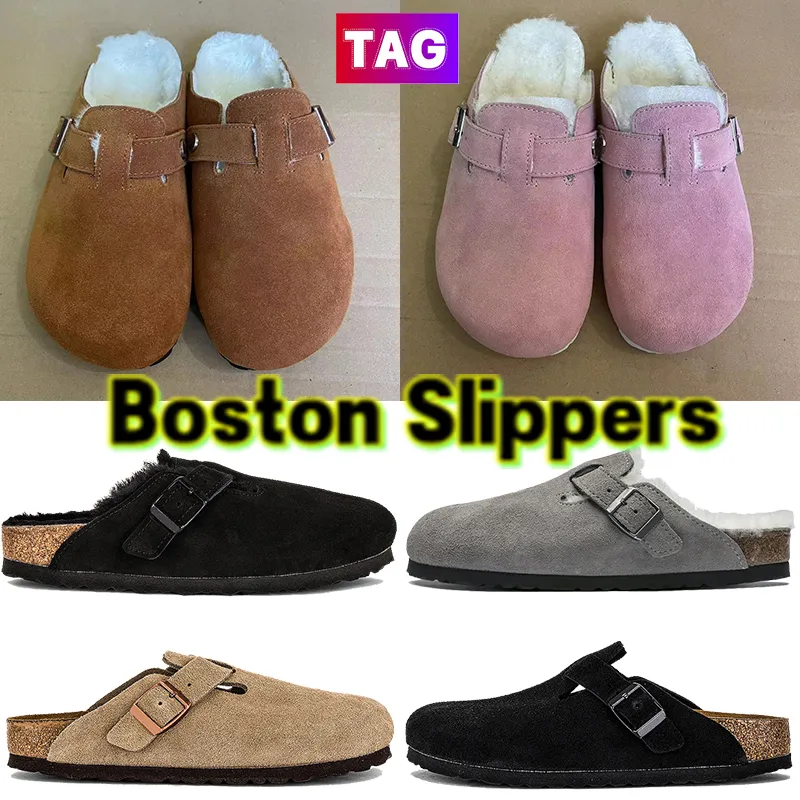 New Germany Slippers Mens Womens Fur Boston Shearling Suede Slogs Slide Fashion Mens Luxury Ladies Loft Footbed Leather Clogs Slipper Taildals Peach Tandals