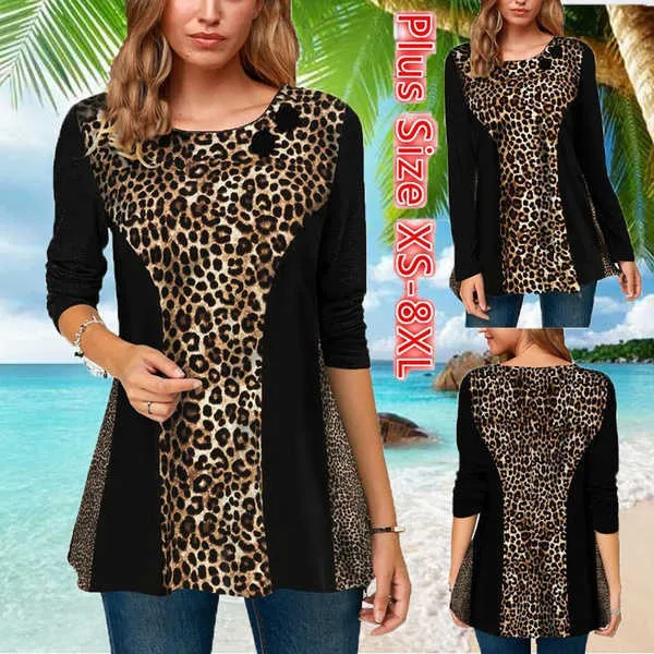 Camiseta para mujer 2022 Mujeres de manga larga Camiseta con estampado de leopardo Mujer suelta Casual Camisas de empalme Verano Otoño Moda Tops Jersey suelto T230104
