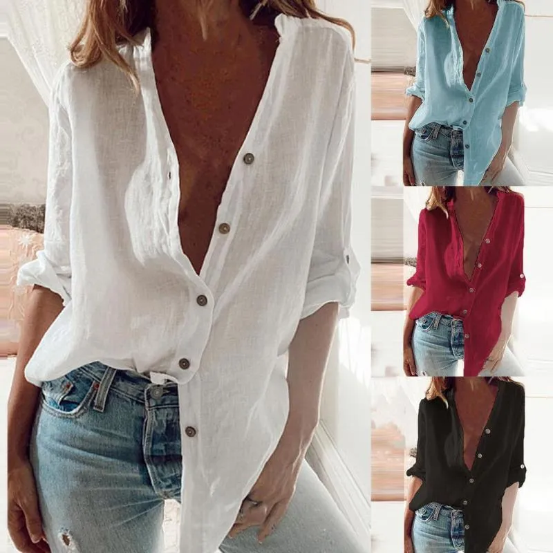 Women's Blouses Solid Color Long Sleeve Shirt O-neck Buttons Closure Women Elegant Roll-up Work Casual Single Breasted