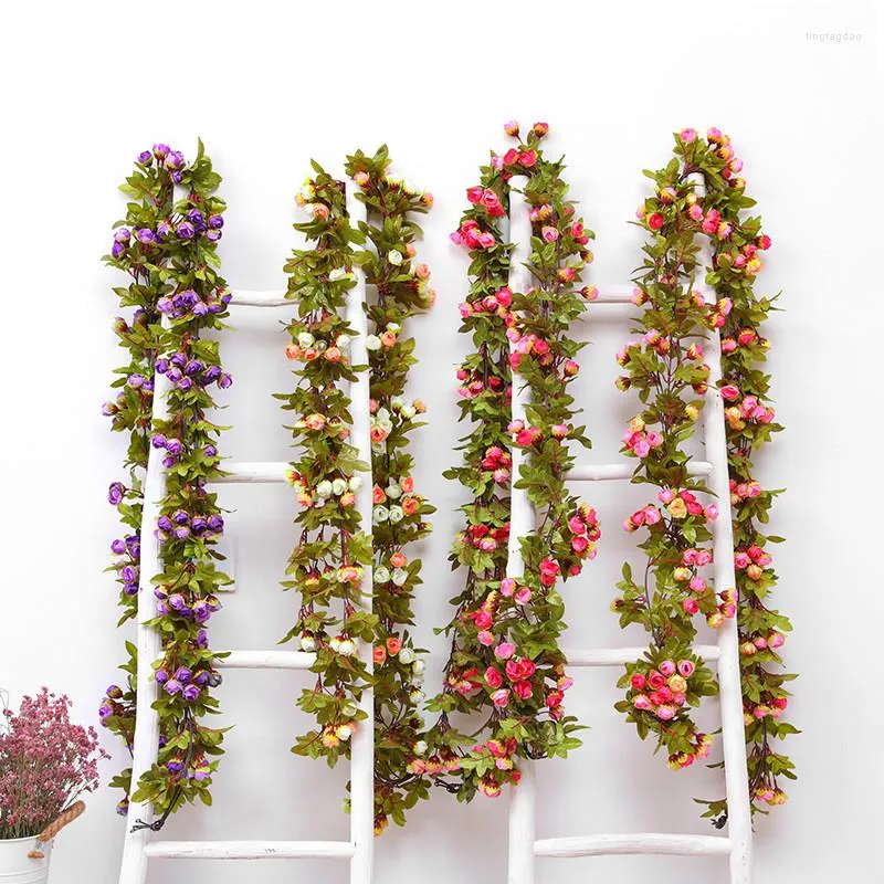 Flores decorativas 220 cm de rosa artificial Vine Garland Fake Rattan Wedding Decoration Wall Wall Holding Ivy Backdrop Home Decor