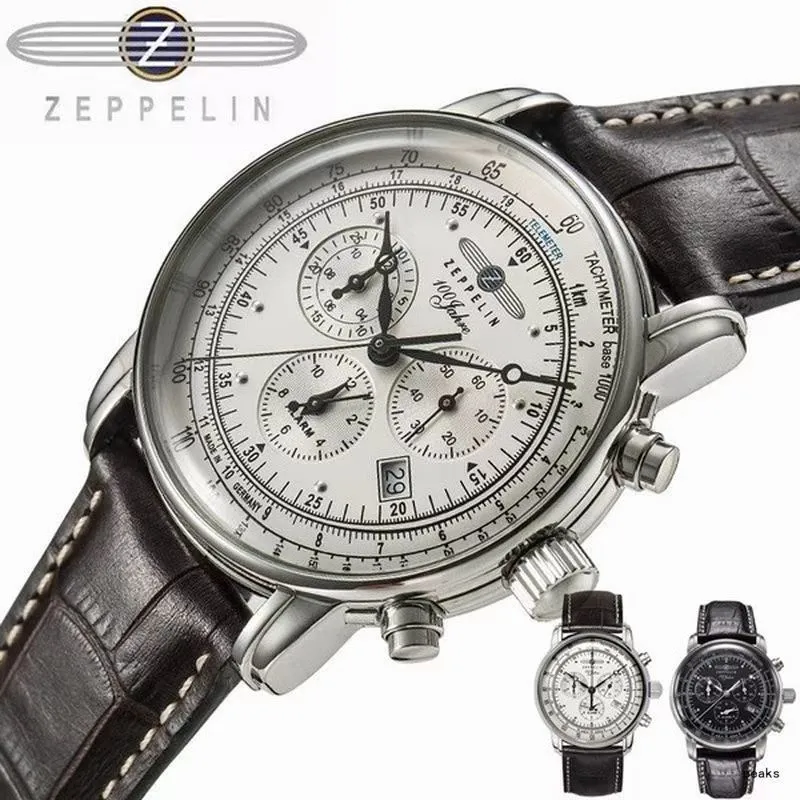 Нарученные часы Zeppelin Watch Top Top Waterpronation Leather Business Casual Quartz Men Three Eyes Multifunction Chronograph 230103