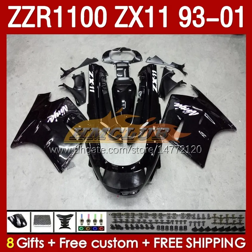 الجسم لـ Kawasaki Glossy Black Ninja ZX-11 R ZZR-1100 ZX-11R ZZR1100 ZX 11 R 11R ZX11 R 1993 1995 1995 2000 2001 165NO.1 ZZR 1100 CC ZX11R 93 95 96 97 98 99 00 01 FAIRING KIT