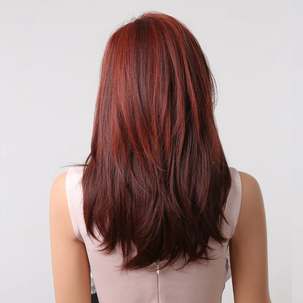 Auburn Red Highlight Layered Perücken mit seitlichem Pony, synthetische Naturhaarperücken für schwarze Frauen, Afro-Perücke, Dunkelrot, direkt bei der Fabrik