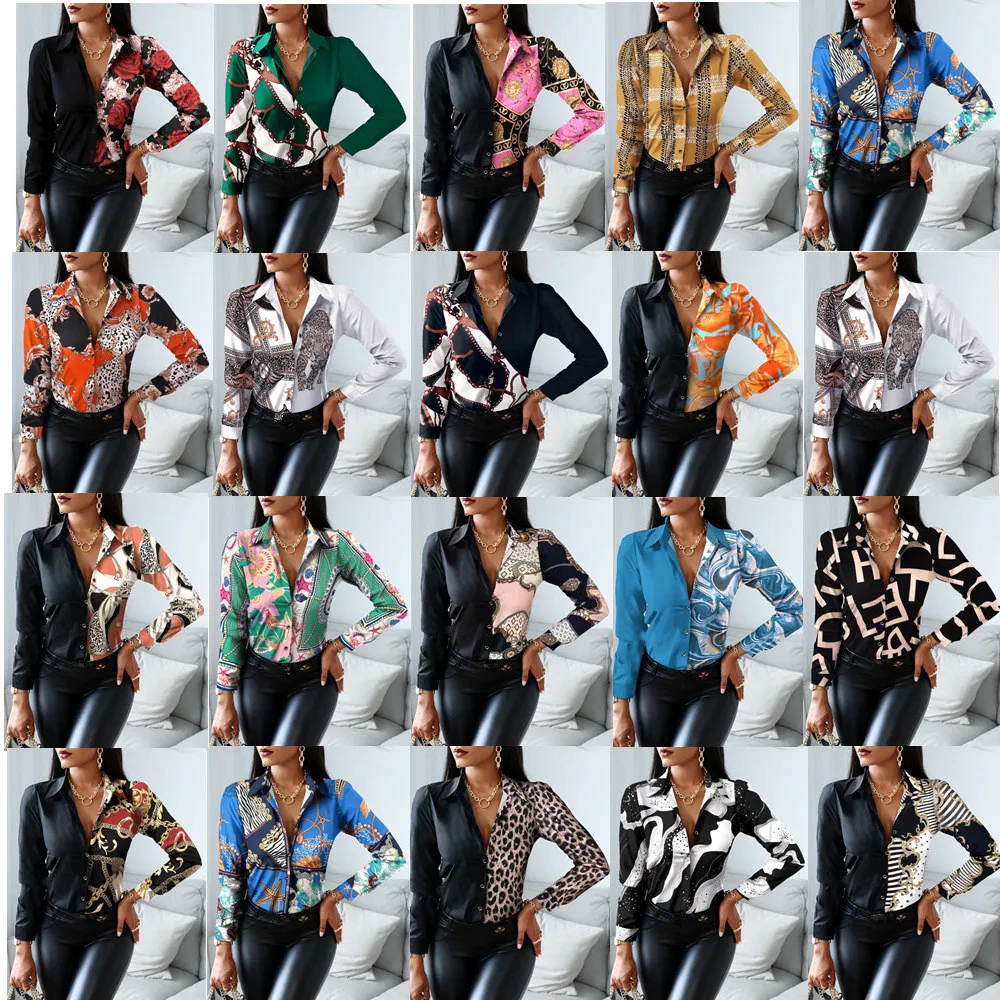 Women's Blouses Shirts Vintage Woman Casual Office Print Autumn Fashion Long Sleeve Shirt Elegant Patchwork Slim Tops Women Clothes Clothing 2023