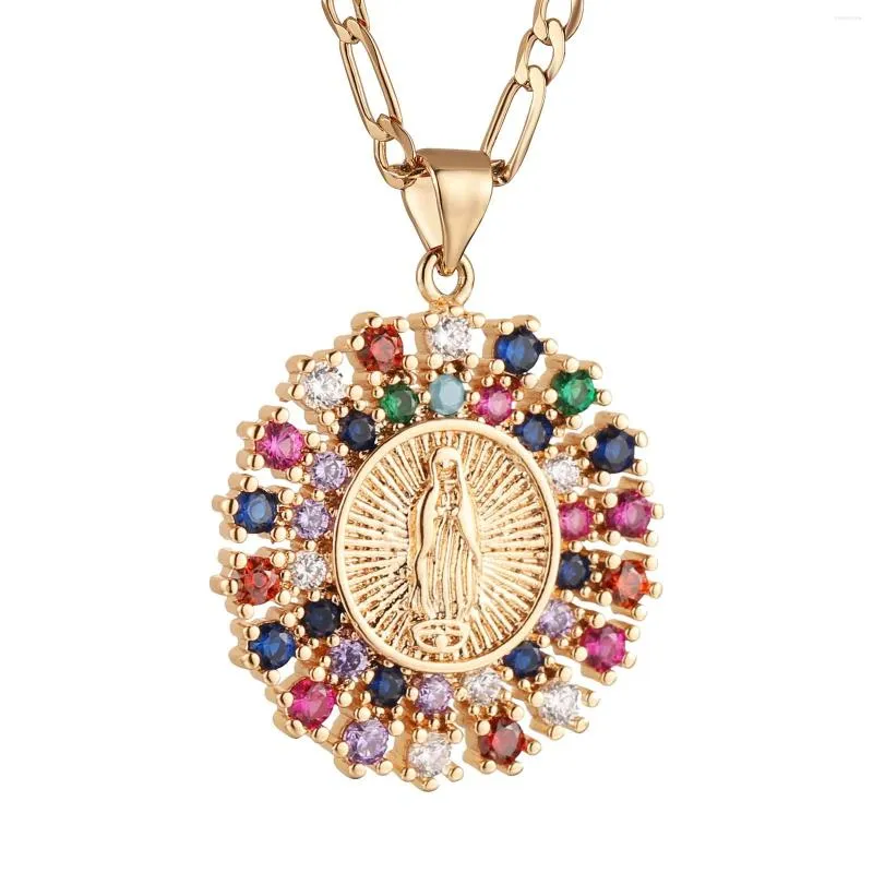 Anhänger Halsketten HZMAN Runde Jungfrau Maria Gebet Halskette Amulett Unsere Dame von Guadalupe Set Mehrfarbige Zirkonia Frauen Tochter Geschenk