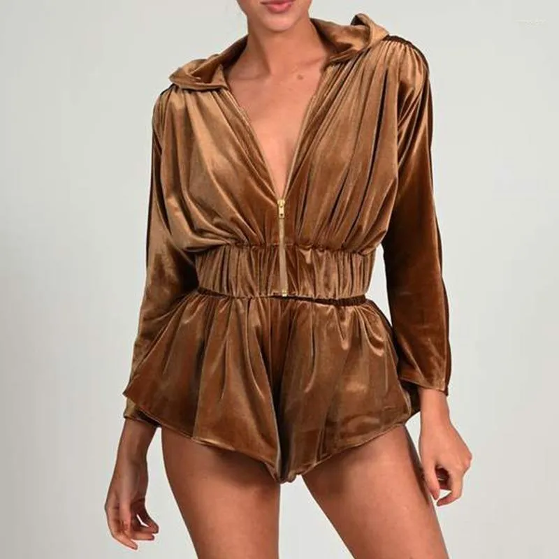 Women's Shorts Black Long Sleeve Gold Velvet Bare Navel Hoodie Short Jacket And Two Piece Set Winter Sexy Women