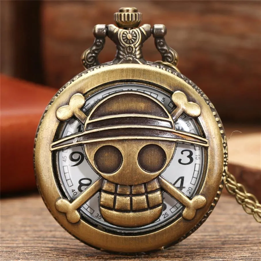 Vintage Hollow One Piece Design Pocket Pocket Watch Anime Cosplay Bronze Quartz Rel￳gios Chain Chain For Men Women Gift253D