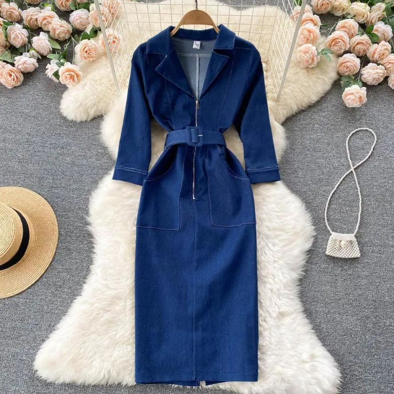 Casual Dresses Korean Fashion Women Denim Dress 2023 Spring V-Neck Three Quarter Sleeve BodyCon Front Dxhets blixtlås Kontorspenna