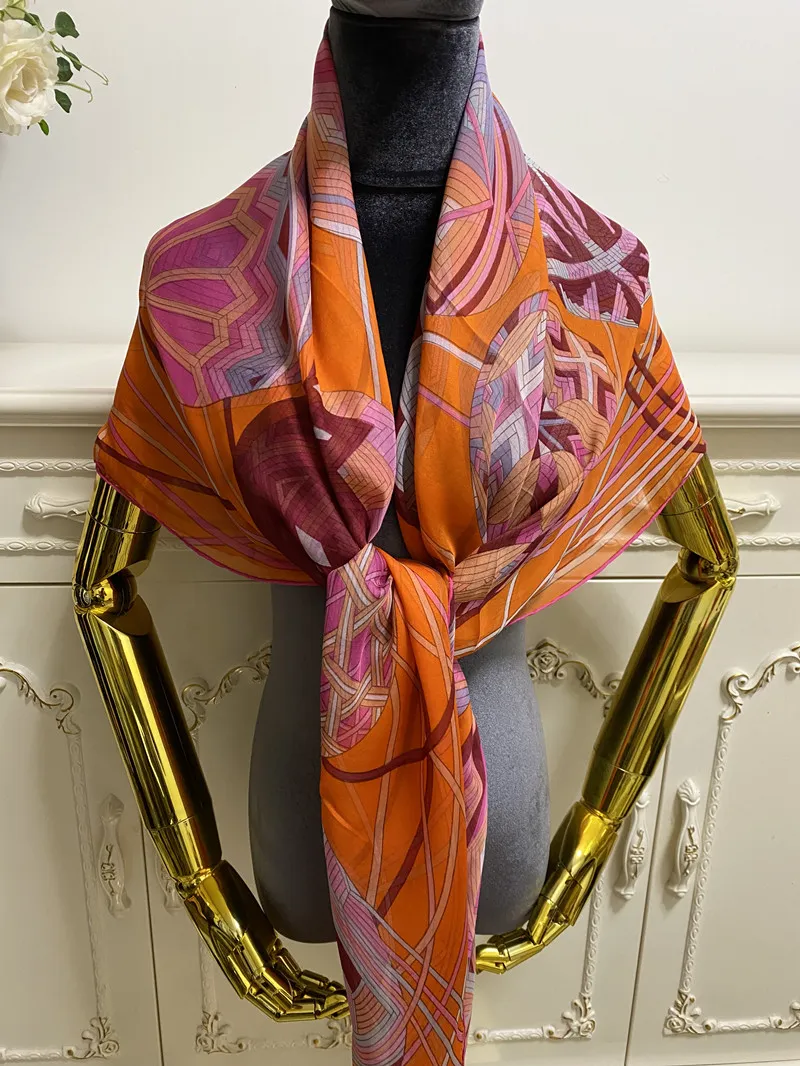 Foulard carré femme foulards 100% soie matière fine et douce motif pinte orange taille 130cm - 130cm