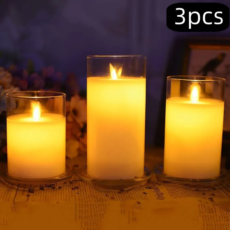 3PCS LED CANDLE LIGHTリモートリモートフレームレスナイトライトキャンドルガラスセットクリスマスホーム装飾のためのコントロールタイマー付きウェディング