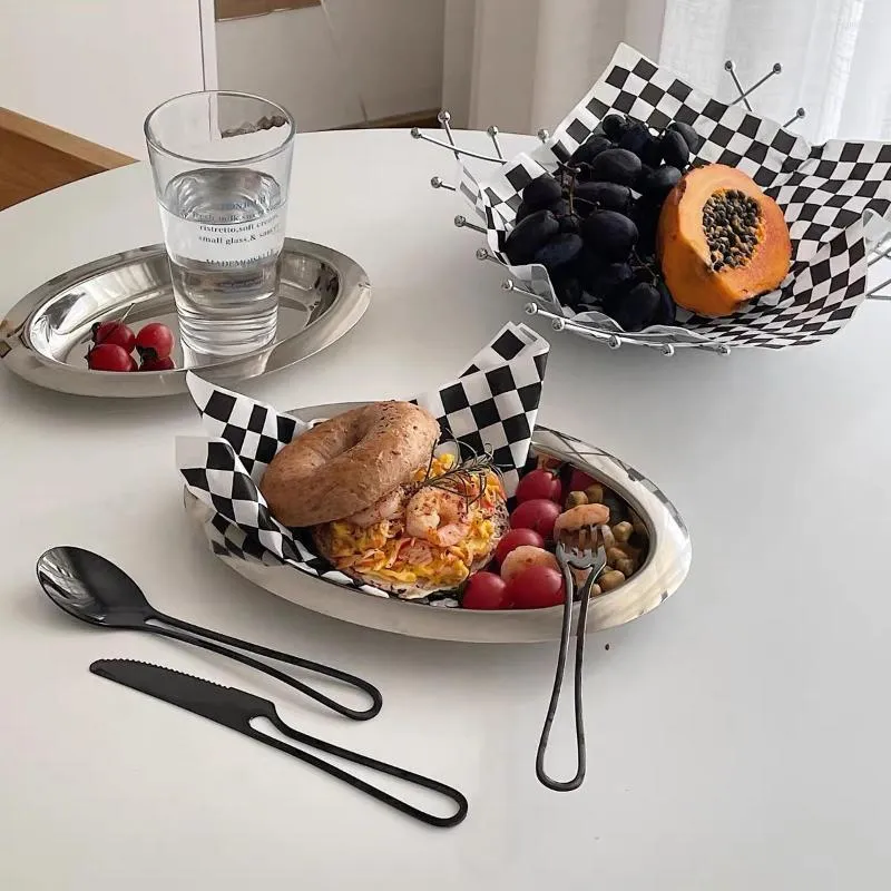 Assiettes OVAL en acier inoxydable plateau de métal collation fruit Américain assiette Frenries Frises Poulet Po Props Ins Style Simple