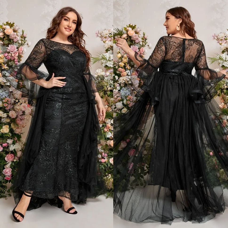 Plus Size Black Sequined Evening Dress with Detachable Train, Long Sleeves, Sheer Bateau Neckline, and Mermaid Silhouette - Perfect for Prom, Special