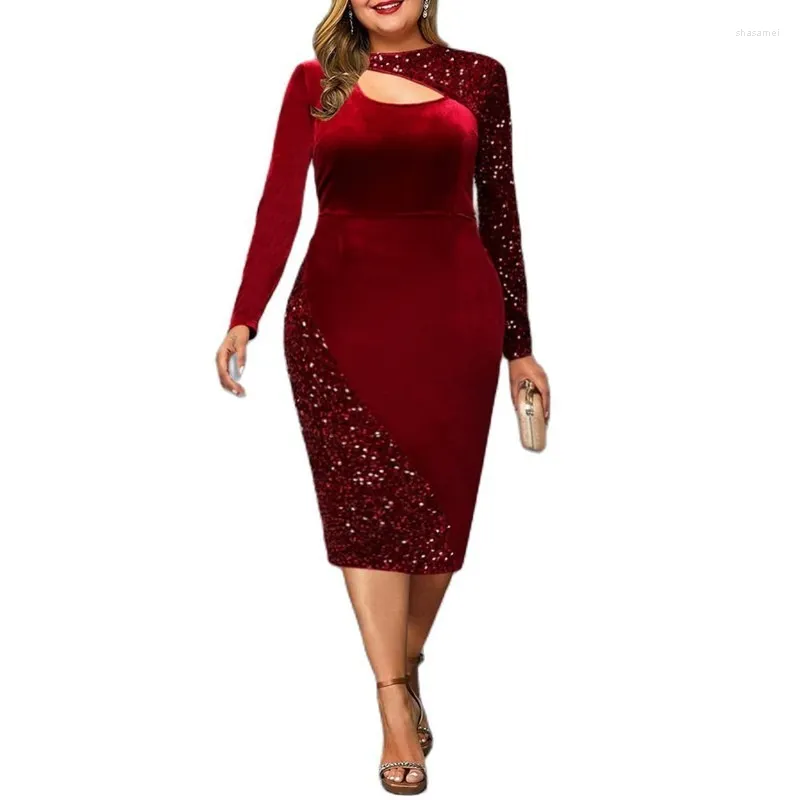 plus size winter club dresses Elegant Plus Size Velvet Patchwork Party Dress with Stand Collar for A   Canary Houze