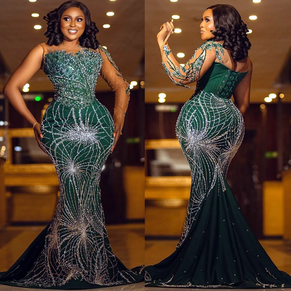 Luxury Dubai Green Mermaid Lace Beaded Satin Evening Dresses Formal Gowns