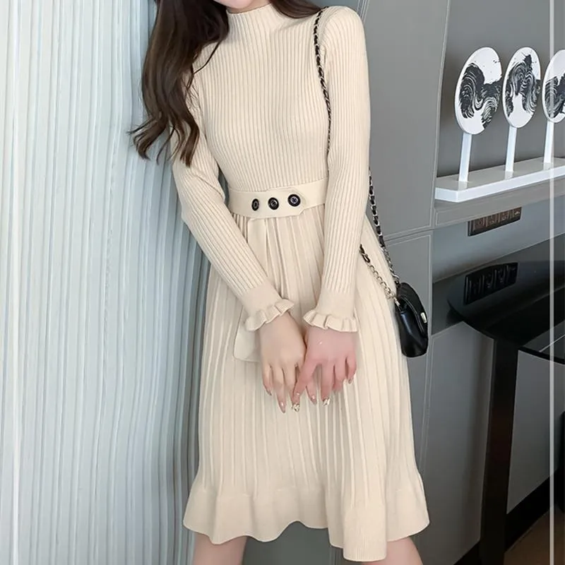 Casual Dresses Sweater Women Dress Long Sleeve Knitted Fashion Clothing Half High Neck Waist Down Drawstring OL For