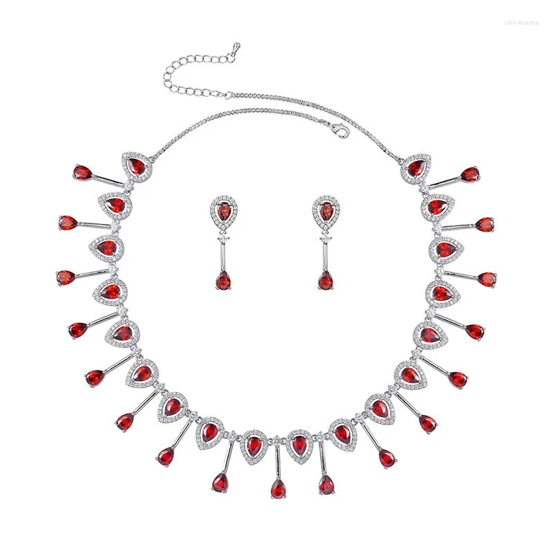 Серьги ожерелья устанавливают Вейманджингдиан прибытие гранат красный кубический цирконий хрусталь и серьги свадебные банкетные украшения